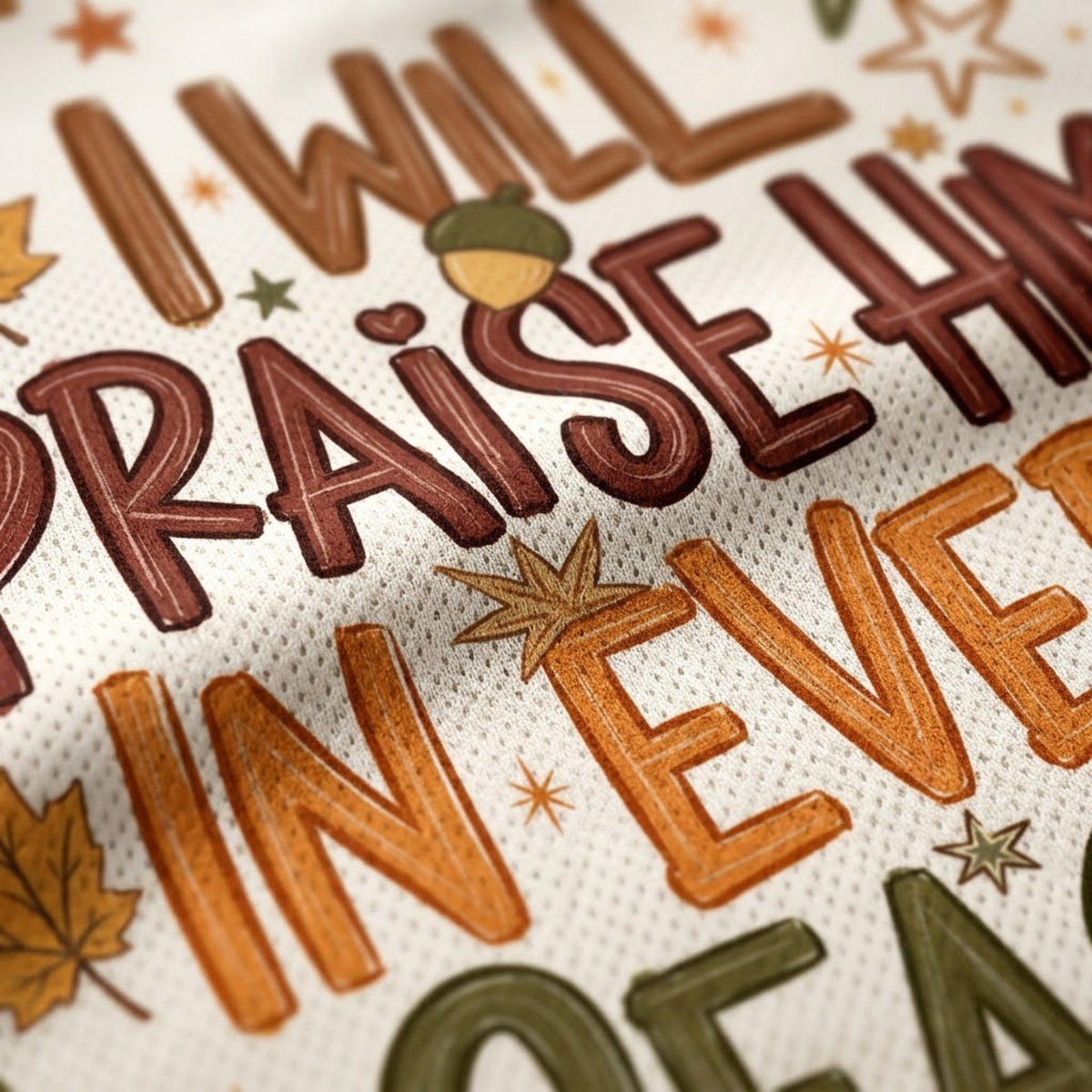Macro close-up shot of the graphic print on mesh fabric, focusing on the high-definition textures of the Psalm 146:2 lettering, hot cocoa mug, pumpkin, and star doodles.