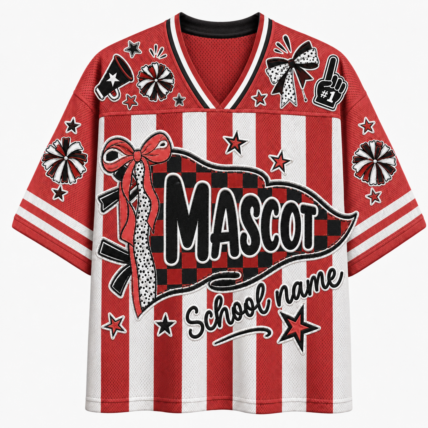 Front view of the red vertical stripe varsity jersey displaying a patterned 'MASCOT' pennant flag with coquette bows, sparkles, and 'School name' script text.