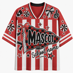 Front view of the red vertical stripe varsity jersey displaying a patterned 'MASCOT' pennant flag with coquette bows, sparkles, and 'School name' script text.
