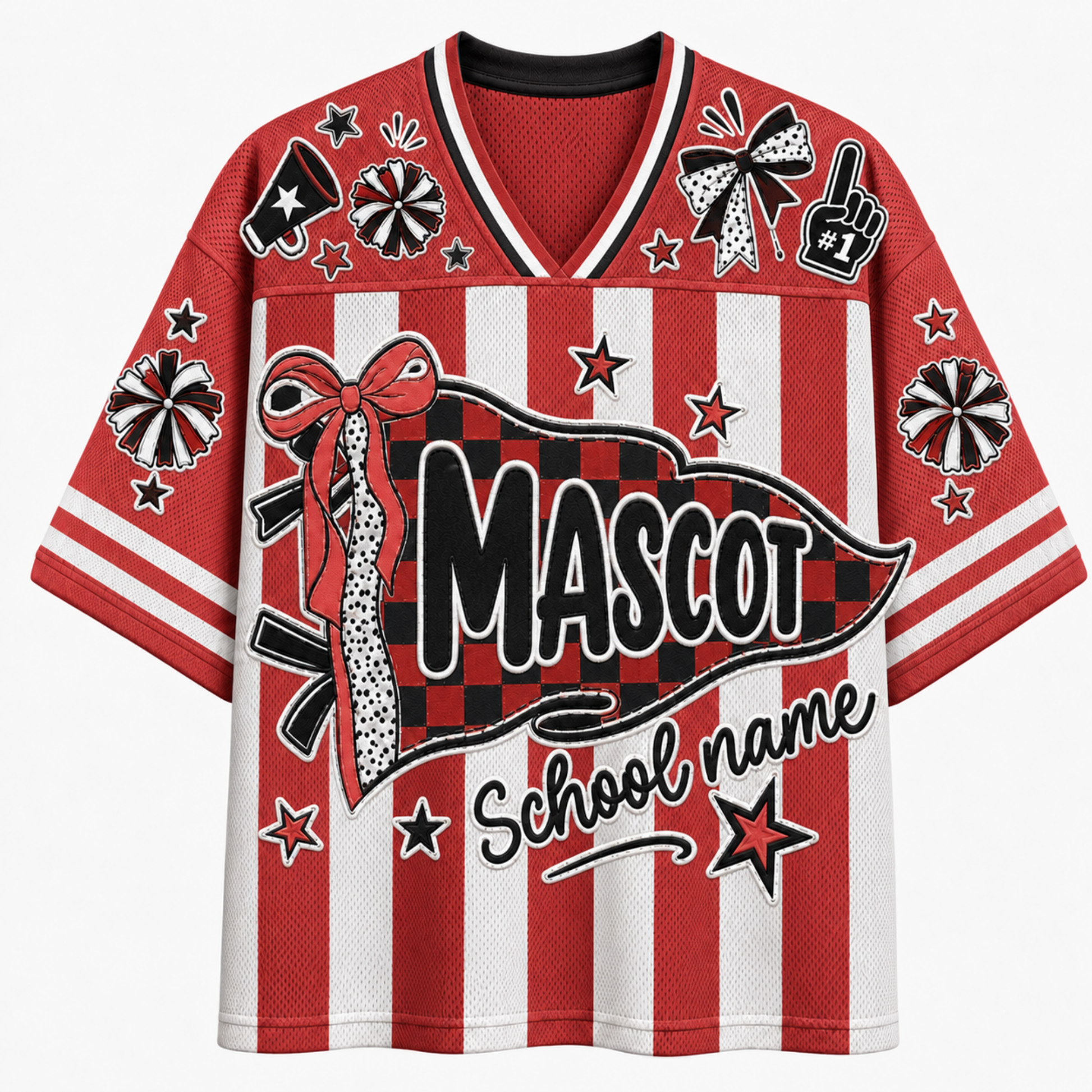 Front view of the red vertical stripe varsity jersey displaying a patterned 'MASCOT' pennant flag with coquette bows, sparkles, and 'School name' script text.