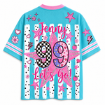 A light blue short-sleeve t-shirt with a vibrant pink and white graphic design on the back. The design features the text 'Jenny 99 Let's Go!' in pink script and block lettering, decorated with pink stars, hearts, flowers, and a checkerboard pattern inside the number 99.