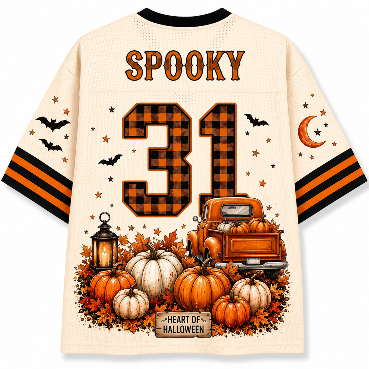 Back view of a cream mesh sports jersey with 'SPOOKY' and the number 31 in orange and black buffalo plaid, decorated with a fall harvest graphic including pumpkins, an orange pickup truck, bats, stars, and a crescent moon.