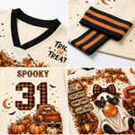 A four-panel collage showing a Halloween-themed cream jersey top and a matching striped headband. The top-left panel shows the collar and part of the chest graphic reading 'Trick or Treat' with autumn leaves.