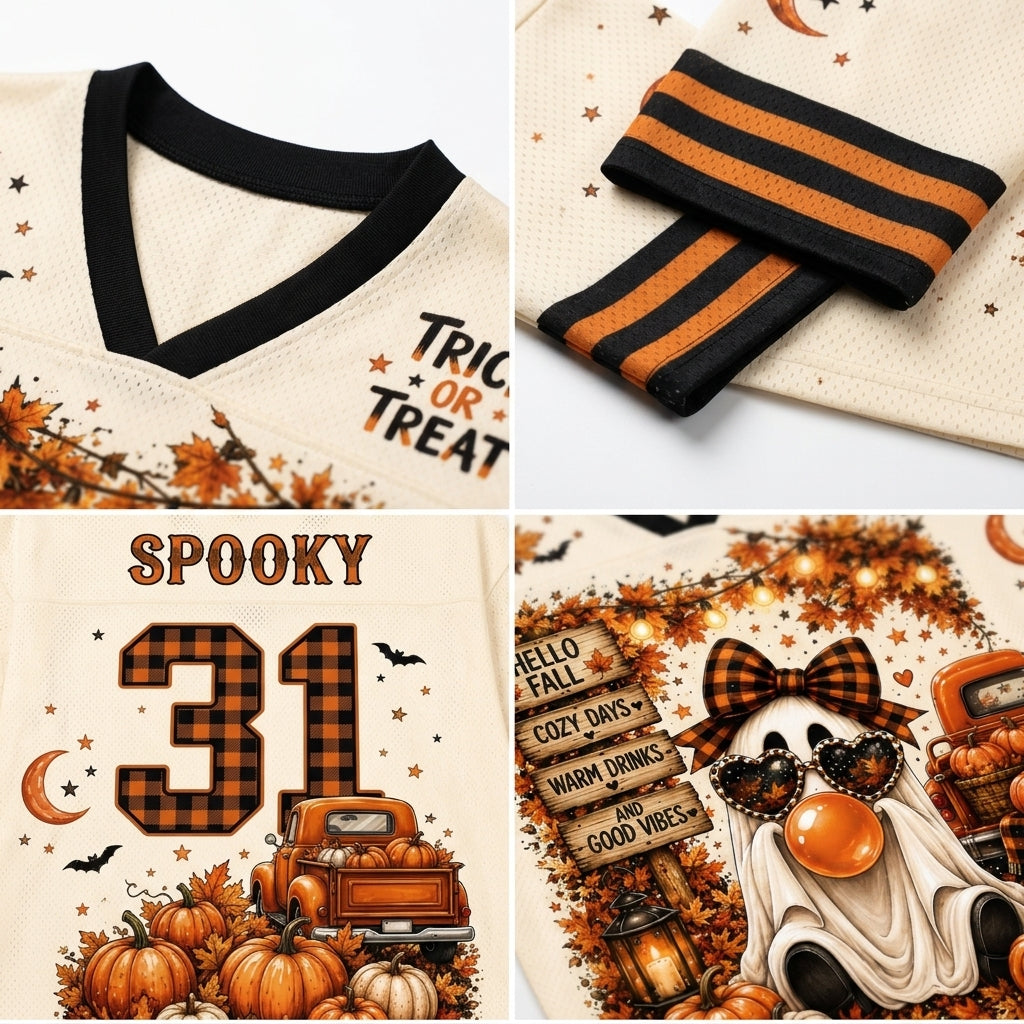 A four-panel collage showing a Halloween-themed cream jersey top and a matching striped headband. The top-left panel shows the collar and part of the chest graphic reading 'Trick or Treat' with autumn leaves.