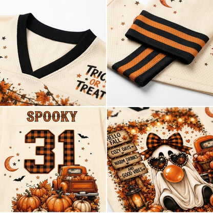 A four-panel collage showing a Halloween-themed cream jersey top and a matching striped headband. The top-left panel shows the collar and part of the chest graphic reading 'Trick or Treat' with autumn leaves.