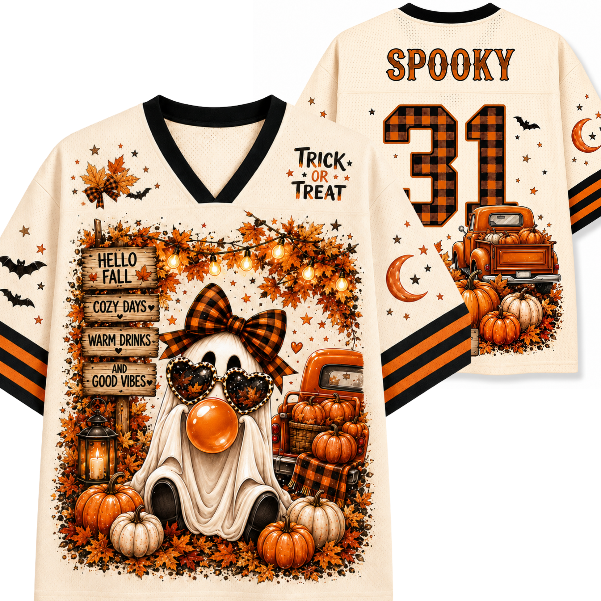 A Halloween-themed V-neck t-shirt shown from both the front and back. The shirt has a cream base with black and orange accents, featuring a cartoon ghost wearing a plaid bow tie and heart-shaped sunglasses, surrounded by pumpkins, autumn leaves, a pickup truck, and text that reads 'HELLO FALL', 'COZY DAYS', 'WARM DRINKS', and 'GOOD VIBES'.