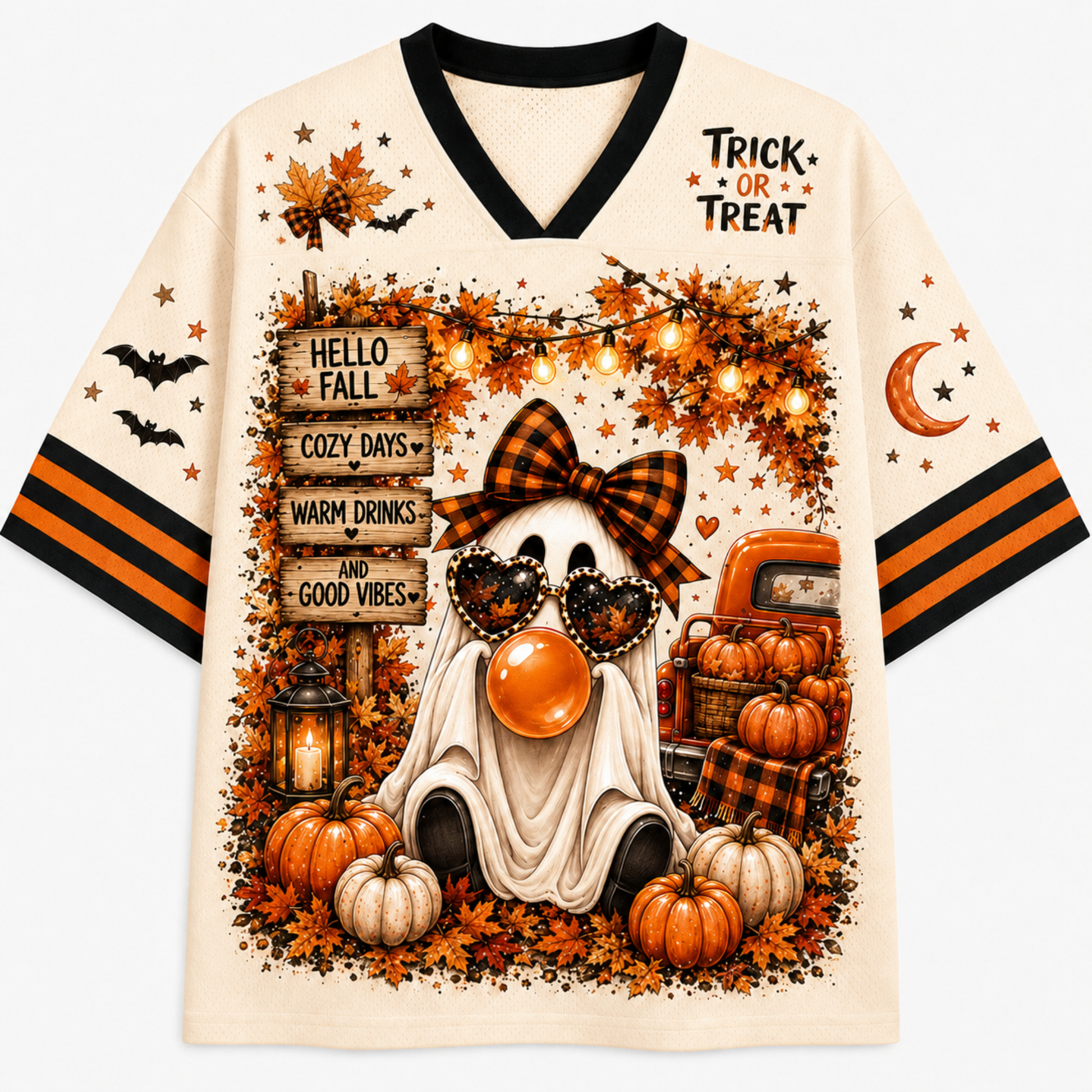 A Halloween-themed short-sleeve V-neck t-shirt with a cream base, black collar trim, and orange and black striped sleeves. The front features a large graphic of a ghost wearing a plaid bow and heart-shaped sunglasses, surrounded by pumpkins, autumn leaves, a lantern, and a pickup truck, with 'HELLO FALL' text on a wooden sign and 'TRICK OR TREAT' text on the chest.