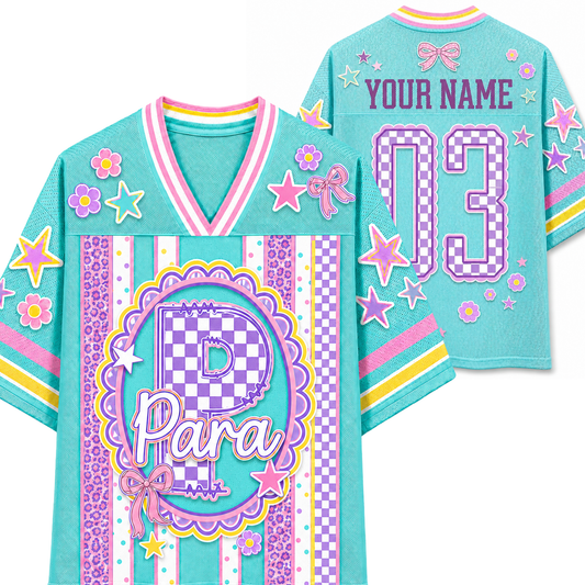 Chaotic Club Preppy Teacher Monogram Coquette School Staff Mesh Jersey - front and back view with custom name and Para monogram graphic
