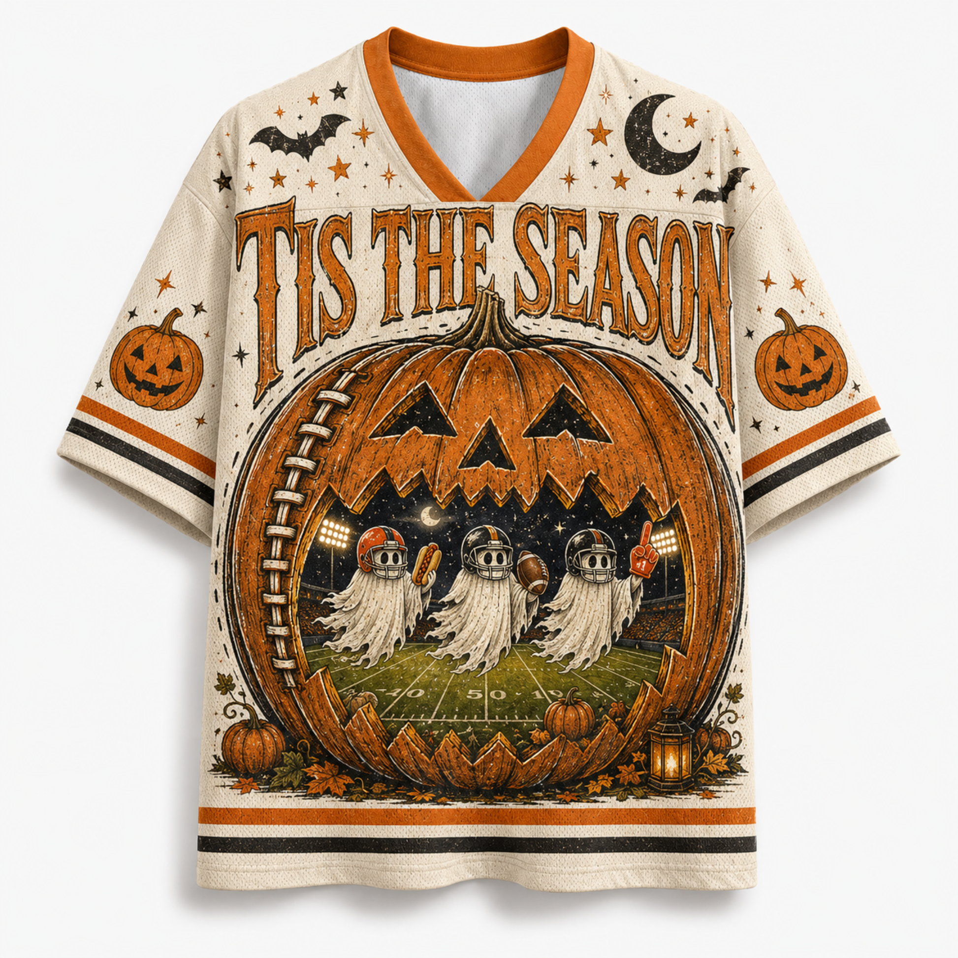 Front view of the cream varsity jersey displaying ''TIS THE SEASON' text above