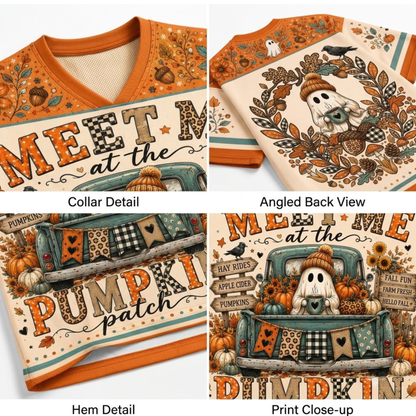 Product compilation highlighting the burnt orange V-neck ribbed collar, autumn leaf yoke print, teal and orange sleeve athletic stripes, and breathable mesh fabric.