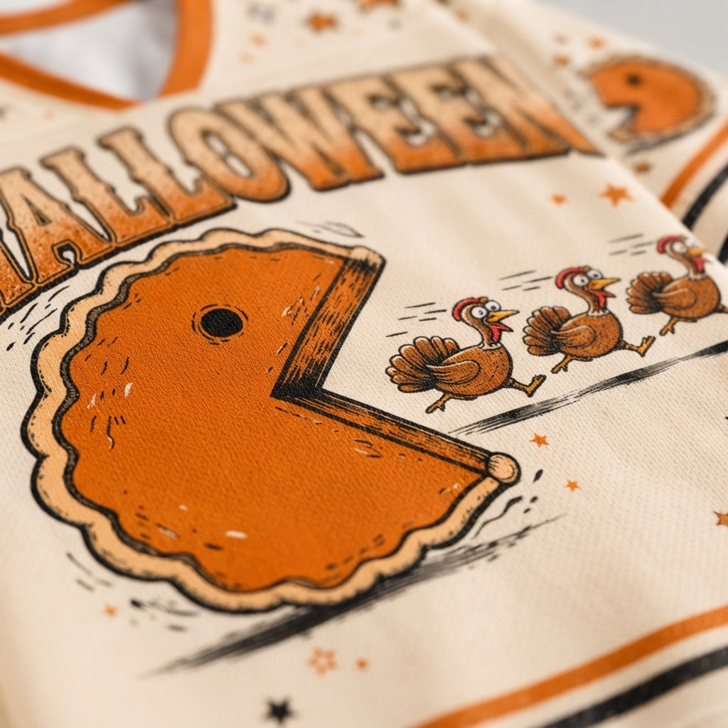 Macro close-up shot of the graphic print on mesh, focusing on the high-definition textures of the pumpkin pie crust, cartoon running turkeys, and star accents.