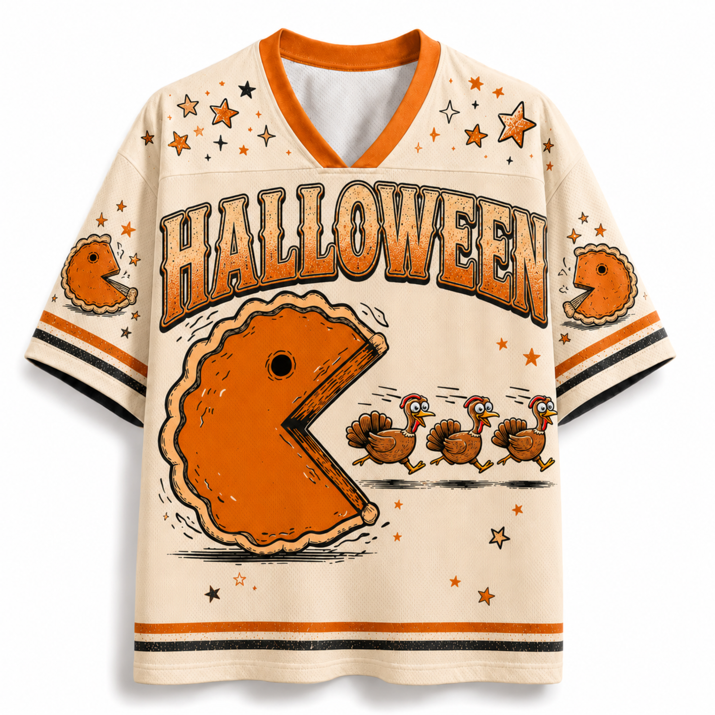 A Halloween-themed short-sleeve V-neck t-shirt with a cream-colored base, featuring orange and black graphic prints of a large 'Pac-Man' pie, three turkeys, and the word 'HALLOWEEN' across the chest.