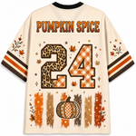 A cream-colored athletic-style jersey shown from the back, featuring 'PUMPKIN SPICE' text and the number 24 in autumn-themed patterns. The design includes leopard print, orange-and-white gingham, maple leaves, stars, and a pumpkin on a clean white background.