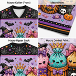 A 2x2 collage showing close-up views of a Halloween-themed V-neck shirt. The panels are labeled 'Macro Collar (Front)', 'Macro Hem', 'Macro Upper Back', and 'Macro Central Print'.