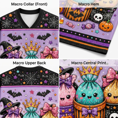 A 2x2 collage showing close-up views of a Halloween-themed V-neck shirt. The panels are labeled 'Macro Collar (Front)', 'Macro Hem', 'Macro Upper Back', and 'Macro Central Print'.