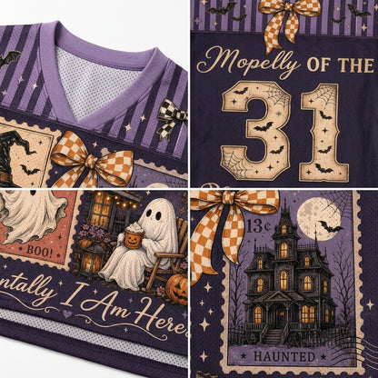A collage showing multiple close-up views of a purple and navy Halloween-themed graphic sweatshirt. The design features a striped V-neck collar, a large '31' with spiderwebs and bats, a ghost-themed stamp, a haunted house stamp, and orange-and-white checkered bows.