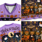Product compilation highlighting the purple ribbed V-neck collar, contrast cream and dark purple sleeve stripes, mini ghost sleeve graphics, and breathable mesh fabric.