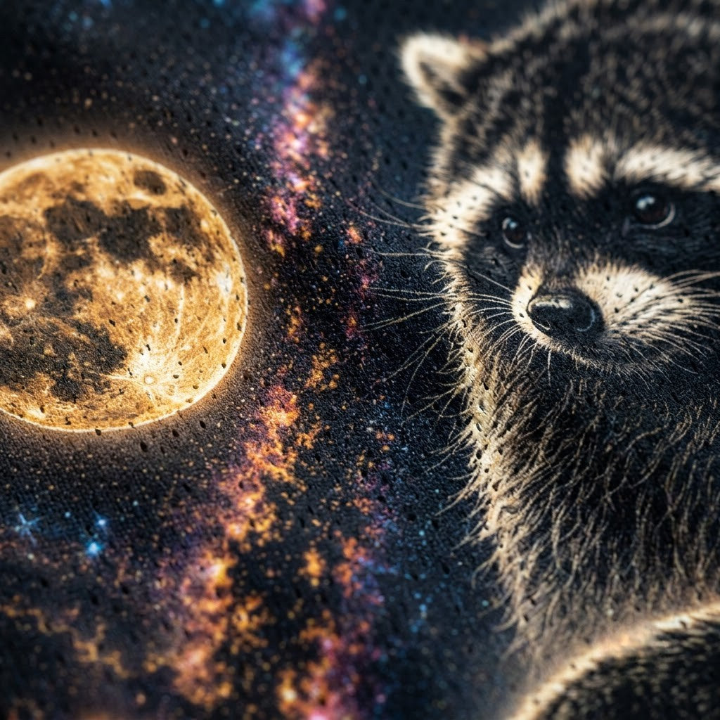 A close-up of a raccoon's face and fur against a cosmic space background with a glowing moon and colorful nebula.