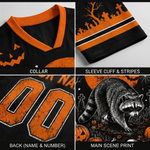 A four-panel product detail collage showing a black and orange Halloween-themed garment: collar, sleeve cuff with stripes, back name/number area, and a raccoon-and-pumpkin main scene print.