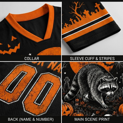 A four-panel product detail collage showing a black and orange Halloween-themed garment: collar, sleeve cuff with stripes, back name/number area, and a raccoon-and-pumpkin main scene print.