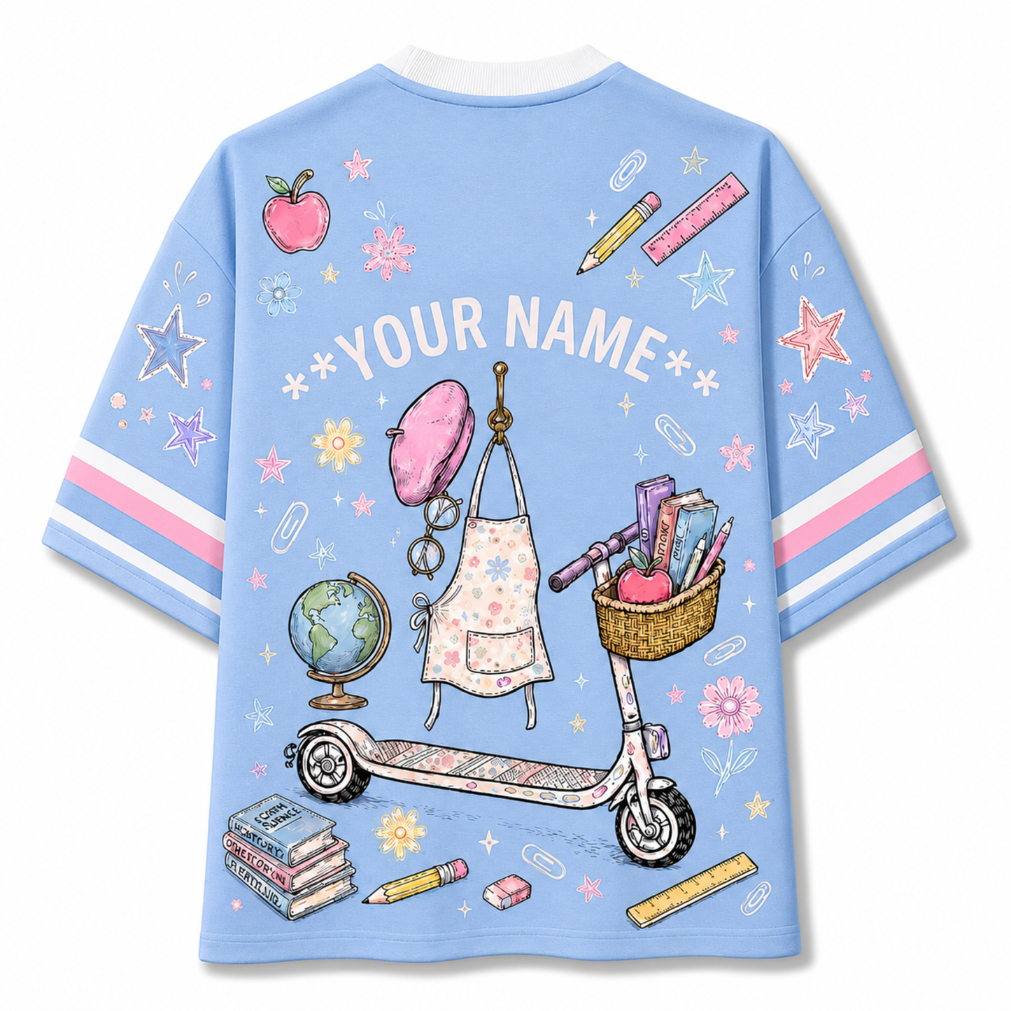 A light blue short-sleeve t-shirt with a colorful school-themed graphic print on the back, featuring a scooter, books, globe, stars, and the text 'YOUR NAME'.