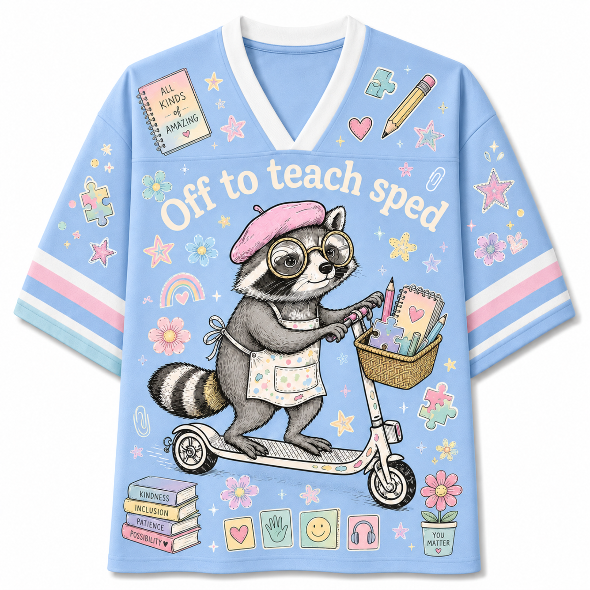 A light blue short-sleeve V-neck T-shirt with a whimsical cartoon raccoon on a scooter and the text 'Off to teach sped' across the front, decorated with pastel stars, flowers, books, and school-themed doodles.