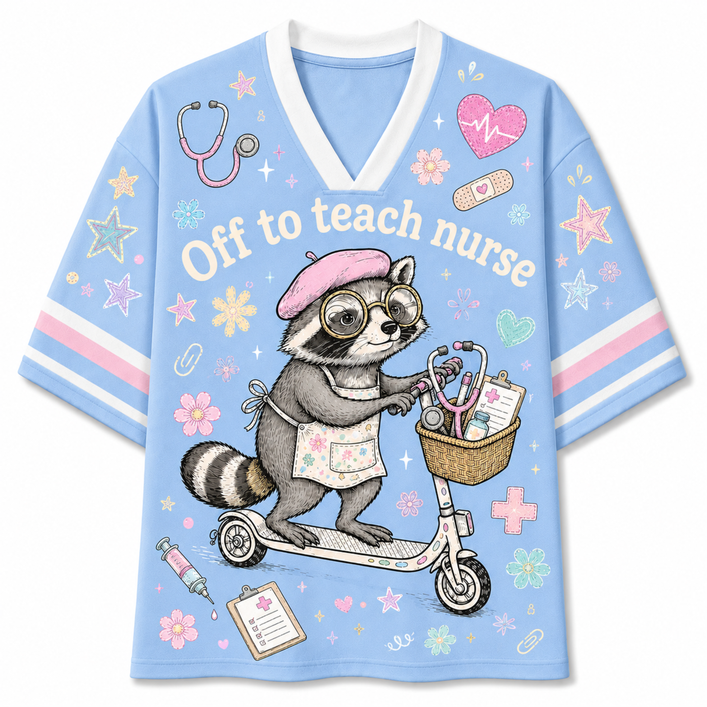 A light blue V-neck short-sleeve T-shirt with a cartoon raccoon riding a scooter on the front, wearing a pink beret and nurse apron. The shirt has the text 'Off to teach nurse' and is decorated with pastel pink, purple, and green medical-themed doodles including a stethoscope, heart monitor, bandage, stars, and flowers.
