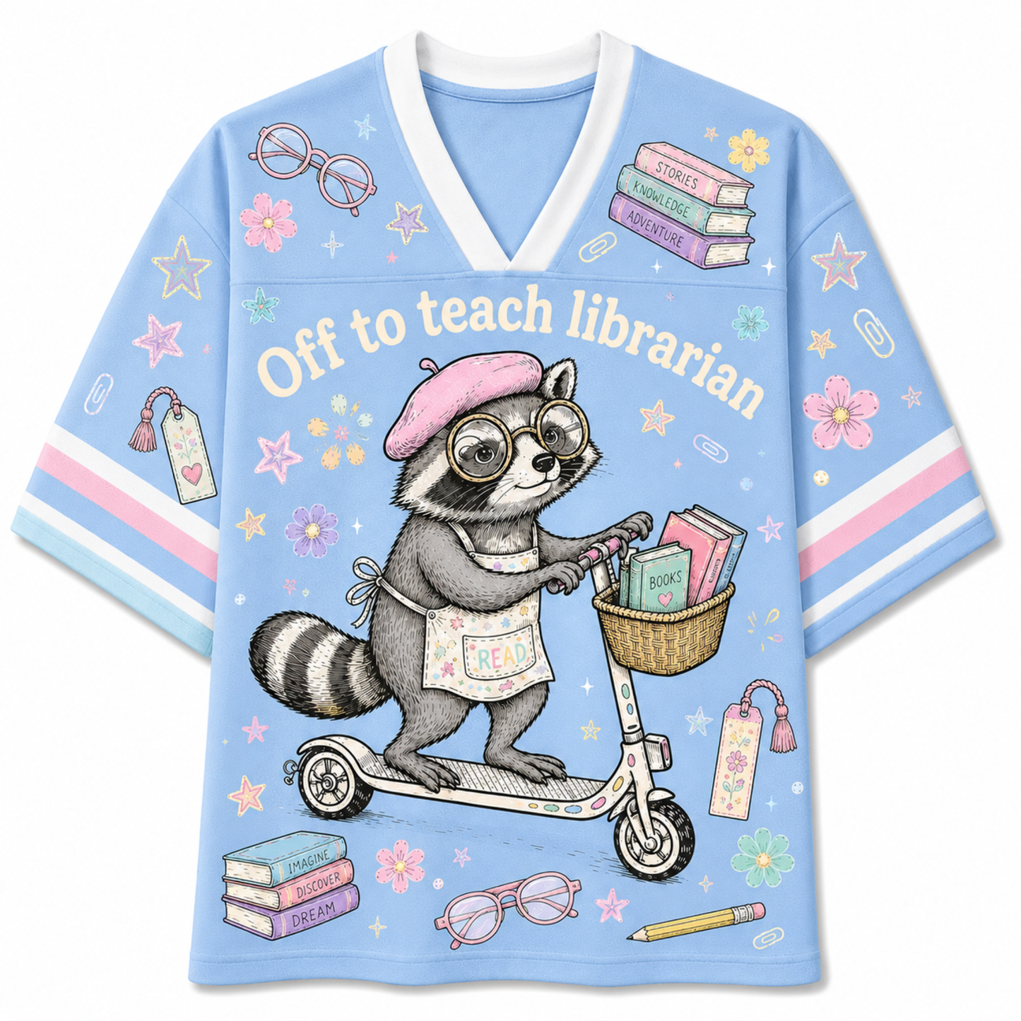 A light blue short-sleeve V-neck t-shirt featuring a cute cartoon graphic of a raccoon riding a scooter and reading books, with the text 'Off to teach librarian' across the chest.