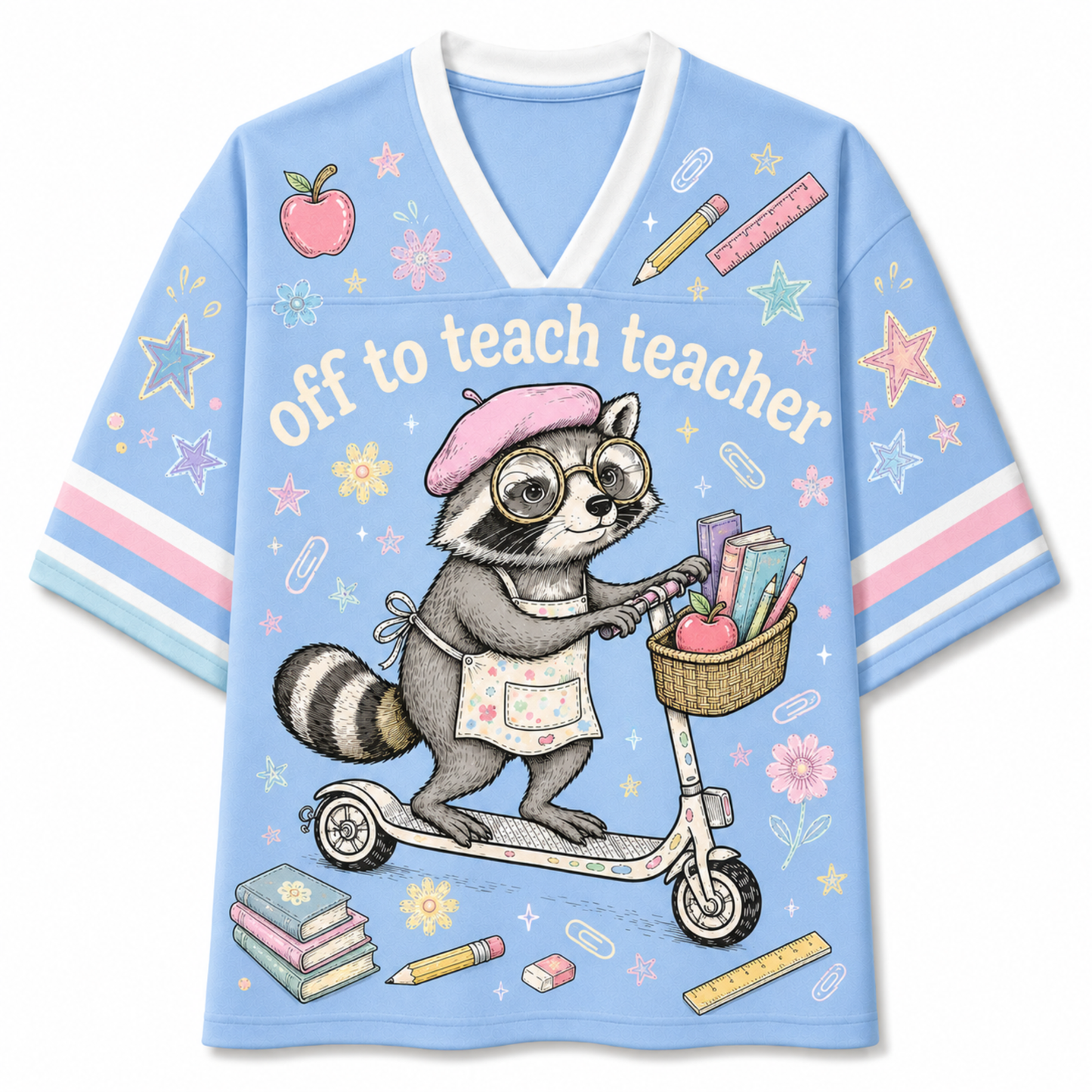 A light blue V-neck t-shirt featuring a cartoon illustration of a raccoon on a scooter with school supplies, and the text 'off to teach teacher' across the front.