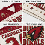 Four-panel product detail collage for an Arizona Cardinals hockey jersey, showing the collar, hem, back, and front print details with team graphics and player name text.