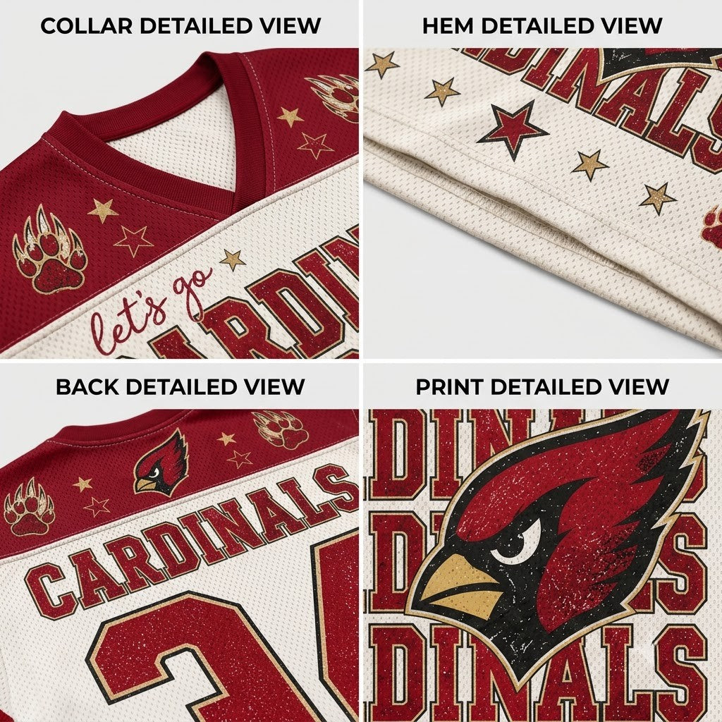 Four-panel product detail collage for an Arizona Cardinals hockey jersey, showing the collar, hem, back, and front print details with team graphics and player name text.