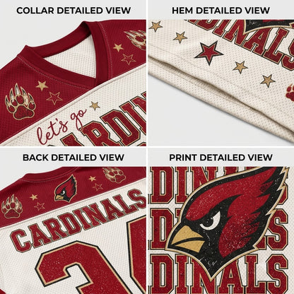 Four-panel product detail collage for an Arizona Cardinals hockey jersey, showing the collar, hem, back, and front print details with team graphics and player name text.