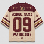 Custom sports jersey shown from the back, featuring a maroon and beige design with a Spartan helmet graphic, stars, and the text 'SCHOOL NAME', '09', and 'WARRIORS'.