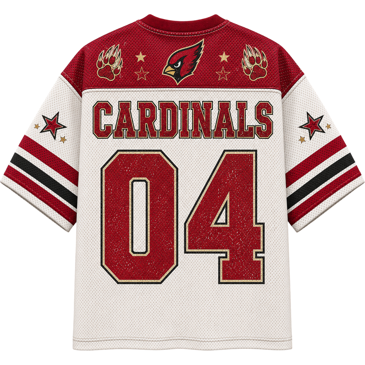 Arizona Cardinals #04 back view jersey on a white background. Features a white mesh body, red shoulders, 'CARDINALS' and number '04' in red with black and gold outlines, star and paw print details on the shoulders, and striped sleeves.