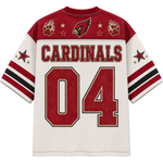 Arizona Cardinals #04 back view jersey on a white background. Features a white mesh body, red shoulders, 'CARDINALS' and number '04' in red with black and gold outlines, star and paw print details on the shoulders, and striped sleeves.