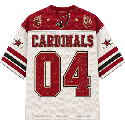 Arizona Cardinals #04 back view jersey on a white background. Features a white mesh body, red shoulders, 'CARDINALS' and number '04' in red with black and gold outlines, star and paw print details on the shoulders, and striped sleeves.