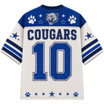 A white and blue short-sleeve athletic jersey shown from the back, featuring the word "COUGARS," a cougar head graphic, paw prints, stars, and the number 10.