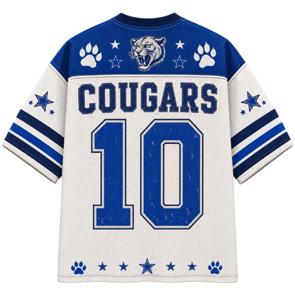 A white and blue short-sleeve athletic jersey shown from the back, featuring the word "COUGARS," a cougar head graphic, paw prints, stars, and the number 10.