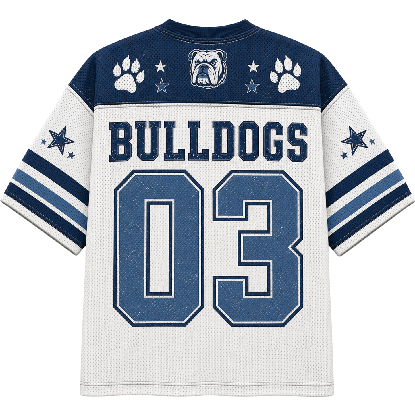 A Dallas Cowboys-style bulldog-themed football jersey shown from the back, with navy blue shoulder panels, white body, blue and white sleeve stripes, paw prints, stars, a bulldog logo, and large 'BULLDOGS 03' lettering.