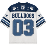 A Dallas Cowboys-style bulldog-themed football jersey shown from the back, with navy blue shoulder panels, white body, blue and white sleeve stripes, paw prints, stars, a bulldog logo, and large 'BULLDOGS 03' lettering.