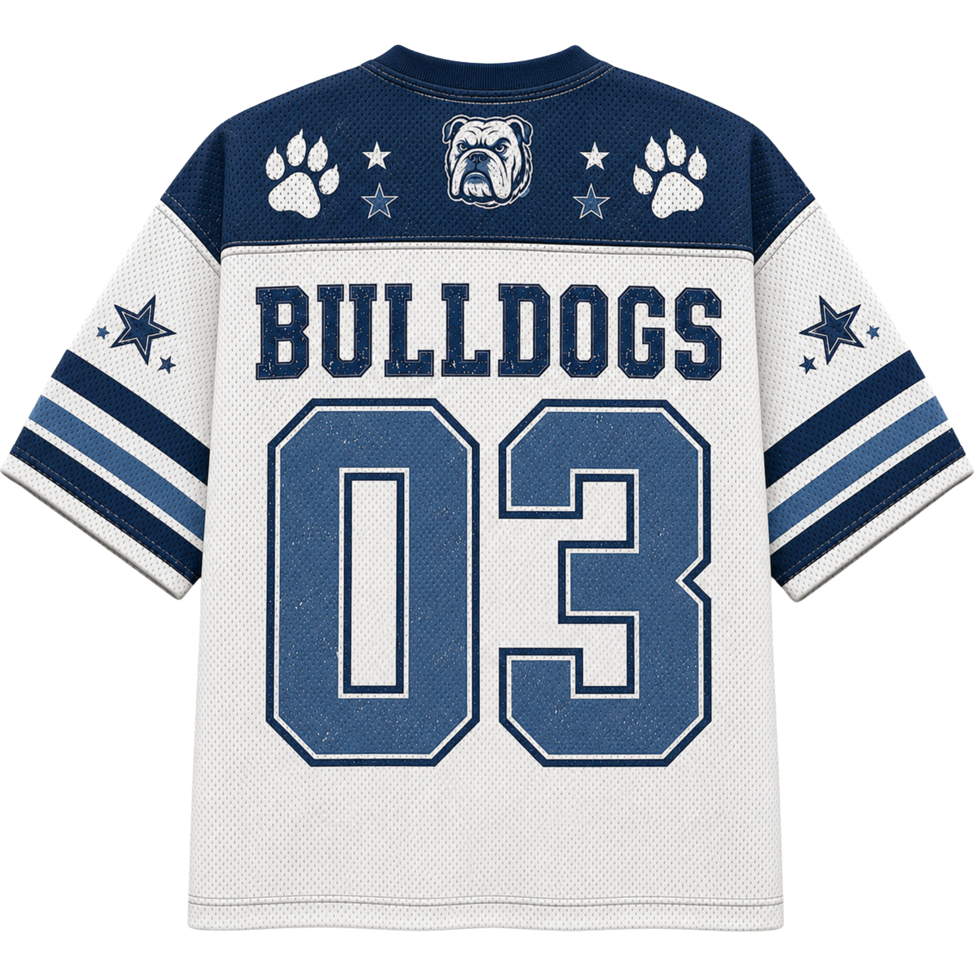A Dallas Cowboys-style bulldog-themed football jersey shown from the back, with navy blue shoulder panels, white body, blue and white sleeve stripes, paw prints, stars, a bulldog logo, and large 'BULLDOGS 03' lettering.