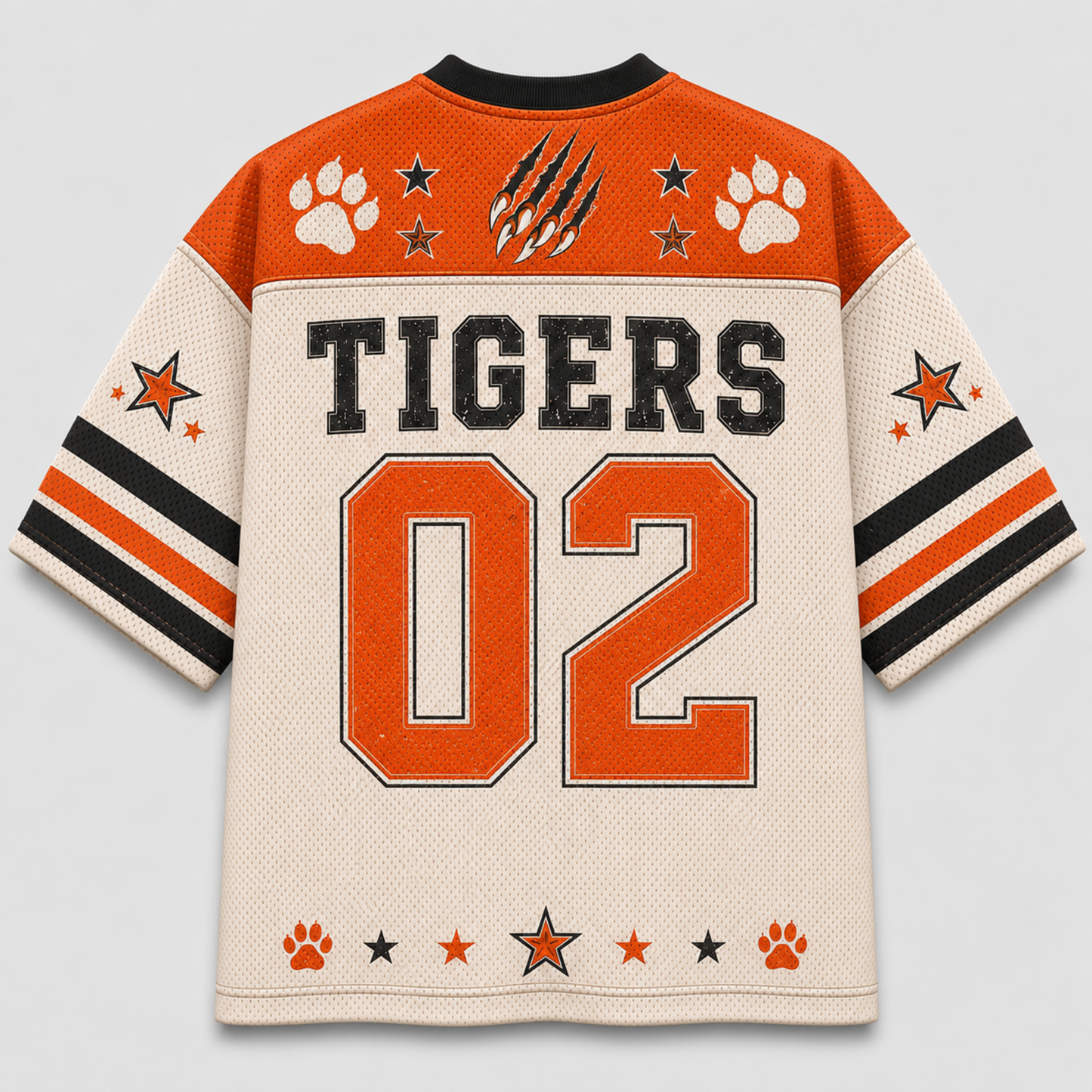 A custom sports jersey shown from the back, featuring 'TIGERS' and the number '02' in orange on a cream mesh fabric. The design includes orange paw prints, black and orange stars, and a claw graphic on the shoulders, with orange, black, and cream striped sleeves.