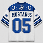 A white and blue mesh sports jersey shown from the back, featuring the word "MUSTANGS" across the upper back, a horse head logo, horseshoes, stars, and large "05" numerals. The sleeves have blue stripes, and the overall design has a distressed texture.