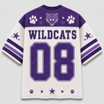 A white and purple athletic jersey shown from the back, featuring 'WILDCATS' and the number '08' in large purple block letters. The jersey has a purple collar, paw prints, a wildcat head graphic, and striped sleeves on a light gray background.