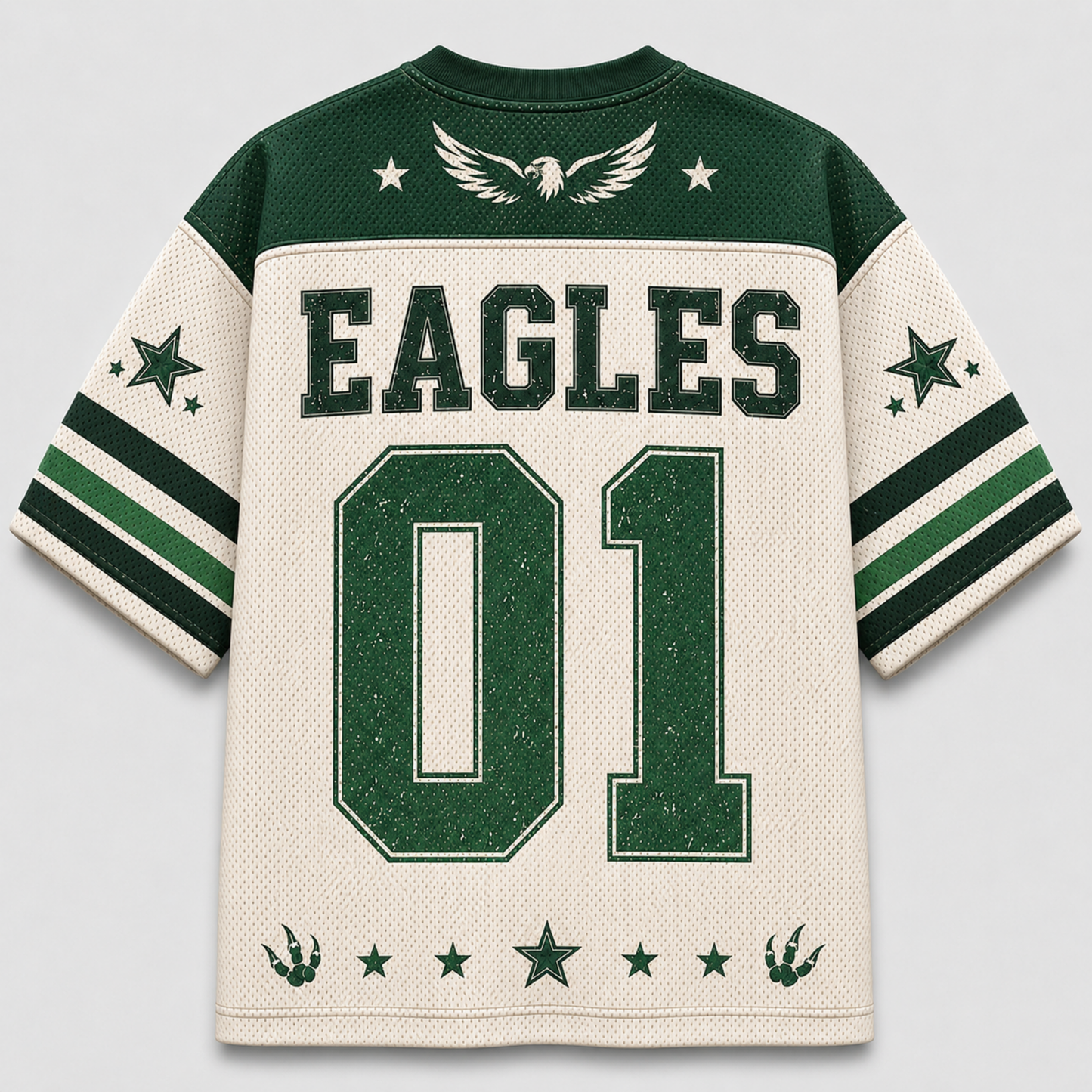 A vintage-style athletic jersey shown flat against a light gray background. The jersey is cream-colored with dark green mesh panels on the shoulders, collar, and sleeves, featuring green and white stripes on the sleeves.