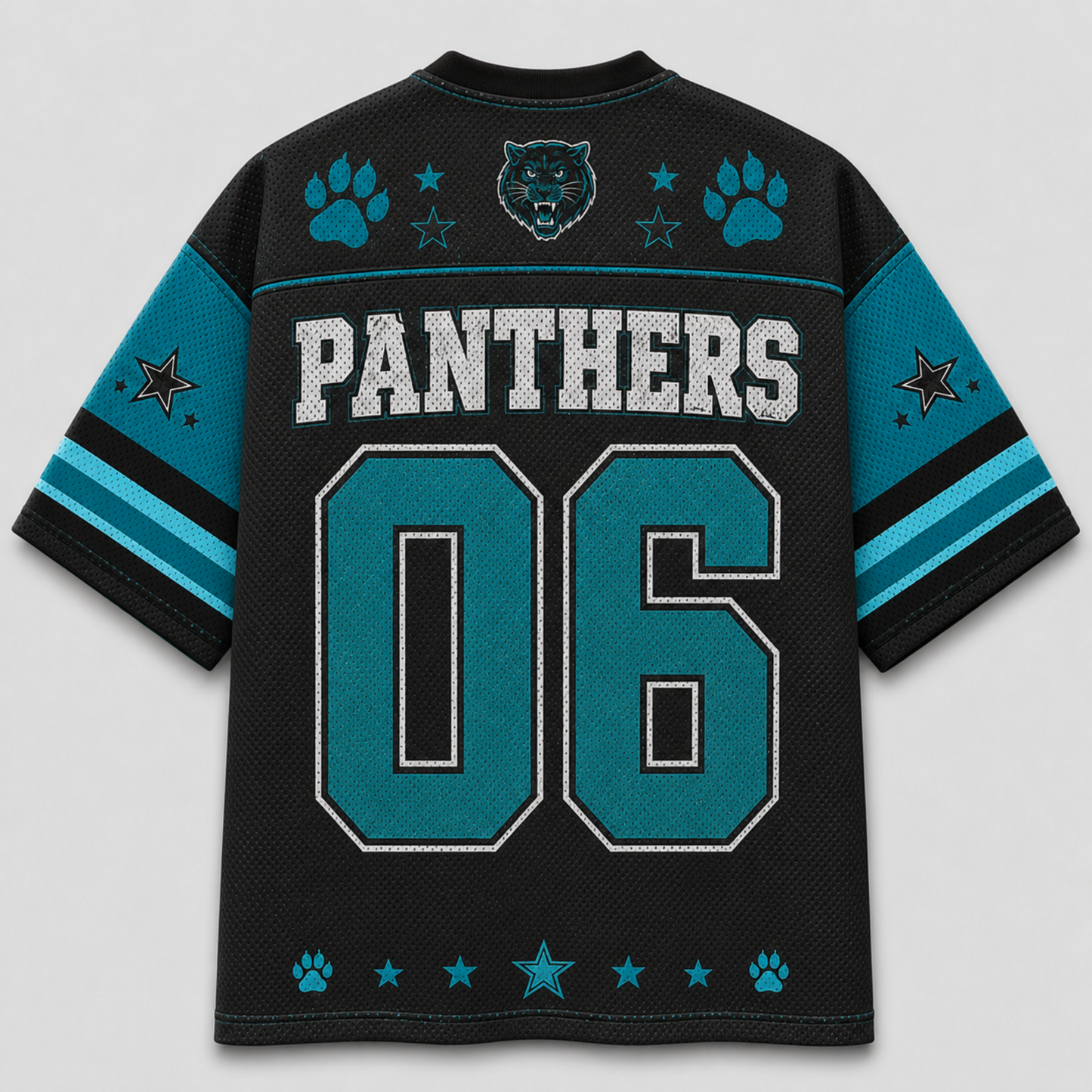Black short-sleeve jersey with teal and light blue accents, featuring 'PANTHERS' and the number '06' on the back, along with paw prints, stars, and a panther head graphic.