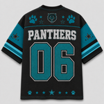 Black short-sleeve jersey with teal and light blue accents, featuring 'PANTHERS' and the number '06' on the back, along with paw prints, stars, and a panther head graphic.