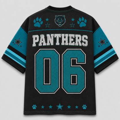 Black short-sleeve jersey with teal and light blue accents, featuring 'PANTHERS' and the number '06' on the back, along with paw prints, stars, and a panther head graphic.