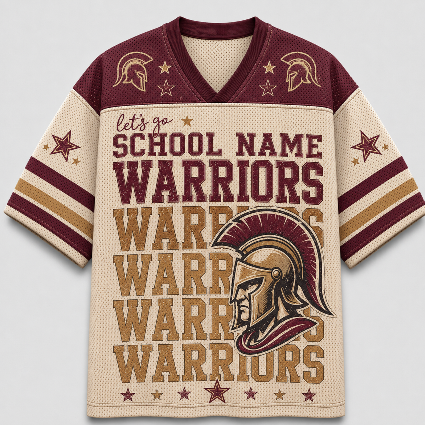 A short-sleeve V-neck football jersey with a cream mesh body, burgundy shoulders and collar, and gold accents. The front features the text 'let's go SCHOOL NAME WARRIORS' with repeated 'WARRIORS' lettering and a large Spartan helmet graphic, plus star motifs on the sleeves and shoulders.