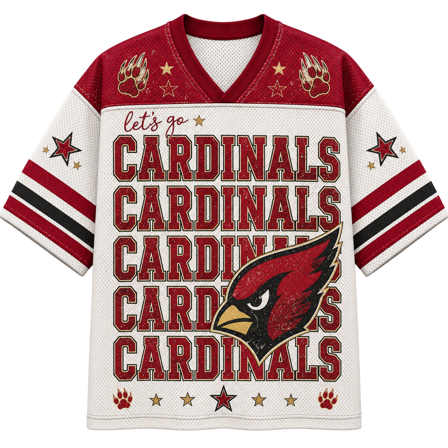 A short-sleeve V-neck jersey-style shirt with a white mesh body, red shoulder panels, and bold red text reading 'let's go CARDINALS CARDINALS CARDINALS CARDINALS CARDINALS' across the front. The design includes a large red cardinal head graphic, gold paw prints and stars, and black-and-red striped sleeve bands.